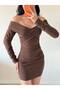 Women's Brown Chest Cross Gathered Mini Dress - 3