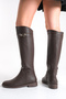 Women's Brown Leather Riding Over-the-Knee Buckle-Accented Non-Slip Sole Zippered Massimo Boots - 9