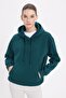 Women's Oversized wide cut cotton soft textured basic green k Hooded sweatshirt with fleece inside