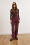 Women's Burgundy Velvet Pocketed Elastic Waist Thick Corded Fabric Wide Leg Pants Pnt-19000387 - 2