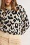 Women's Cream Crew Neck Leopard Fleece-Lined Knitwear Sweater Kzk-19001077 - 3