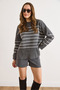 Women's Smoked Sleeve Buttoned Striped Slit Knitwear Sweater Kzk-19001111 - 2