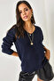 Women's Navy Blue V-Neck Soft Textured Knit Sweater Kzk-19000598 - 3