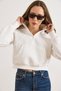 Women's White Mock Neck Stitch Detailed Zippered Fleece-Lined Crop Sweatshirt Swt-19000795 - 4
