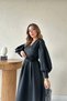 Black Rose Detail Balloon Sleeve Double-Breasted Collar Pleated Scuba Fabric Dress - 3