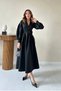 Black Rose Detail Balloon Sleeve Double-Breasted Collar Pleated Scuba Fabric Dress - 2