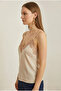 Women's Beige Brown Color Lace Adjustable String Strap Sandy Fabric Tank Top Blouse - 2