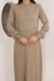 Round Neck Long Sleeve Elastic Waist Pleated Ankle Length Slim Stylish Knit Dress - 8
