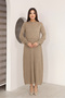 Round Neck Long Sleeve Elastic Waist Pleated Ankle Length Slim Stylish Knit Dress