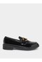 Black Metal Buckle Detail Patent Leather Loafers