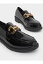 Black Metal Buckle Detail Patent Leather Loafers - 3
