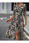 Women's Allover Printed Belted Button Front Detail Long Sleeve Midi Dress