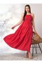 Women Red Square Neck Strappy Tiered Maxi Dress
