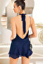 Navy Blue Backless Mini Evening Dress - 2