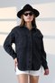 Women's Oversized Cut Denim Shirt Jacket Snow Wash Black Dark Color Casual Chic -Bnj4903 - 4