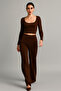Women's Brown Corded Fabric Double Suit with Wide Leg Trousers and Pockets - 2