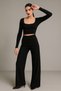 Women's black Corded Fabric wide leg pocketed pants two-piece set - 5