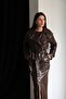 Bitter Brown Belted Jacket and Maxi Slit Skirt Bottom Top Premium Design Shiny Crocodile Leather Suit - 2