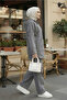 Women's Hooded Pocketed Dark Denim Gray Tunic Pants Set - 2