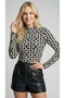Women's Ecru g Pattern Mock Neck Long Sleeve Viscose Elastane Blouse - 3