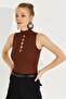 Women's Brown Drop Collar Sleeveless Knitwear Blouse Be273 - 2