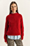 Women's Red Crew Neck Raglan Sleeve Knitted Patterned Soft Textured Knitwear Sweater 20251108 - 2