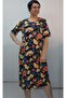Black Yellow Red Blue Floral Print Short Sleeve Combed Viscose Dress - 5