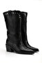 Black Matte Leather Staple Pin Detail Medium Hole Perforated Summer Pointed Toe Western Cowboy Boots - 5