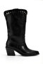 Black Matte Leather Staple Pin Detail Medium Hole Perforated Summer Pointed Toe Western Cowboy Boots - 3