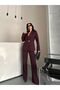 Blazer Jacket Wide Leg Pants Set Gold Button Detail - 3
