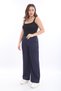 Women's Navy Blue Summer Trousers with Zippered Pockets and Flared Legs - 3