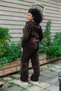 Women's Brown Winter Accessorized Zippered Hooded Thick Corded Fabric Velvet 2-Piece Tracksuit Set - 6