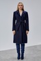 Women's Navy Blue Belted Buttoned Long Coat - 5