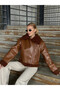 Zipper Detailed Faux Leather Coat with Fur Inside Brown - 2