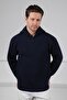 Navy Blue Turtleneck Zippered Corded Fabric Long Sleeve 100% Lamb Wool Men's Knitwear Sweater - 3