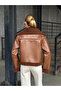 Zipper Detailed Faux Leather Coat with Fur Inside Brown - 6