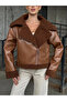 Zipper Detailed Faux Leather Coat with Fur Inside Brown - 3