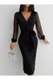 Women's long sleeve v-neck polka dot midi crepe dress with belted waist - 5