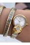 Round Head Stone Snake Watch, Yellow Silver Steel Band Women Wristwatch + Bracelet - 4