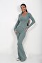 Women's Gold Buttoned Long Sleeve Blouse Elastic Waist Flared Pants 2-Piece Set - 2