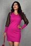 Women's Long Sleeve V Neck Tulle Detailed Mini Ribbed Knit Dress