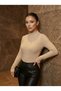 Women's Beige Color Corded Fabric Flexible Soft Half Fisherman High Neck Woven Slim Knitwear Sweater Body Blouse - 3