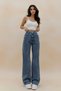 Women's Stretch Fabric Wide Leg Denim Jeans Pants Medium Blue Snow Wash Super High Waist Loose - 3