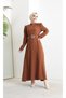 Pearl Detailed Belted Hijab Full Length Dress Brown