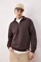 Kahverengi Oversize/Geniş Kesim Dik Yaka Fermuarlı Etiketli İçi Polarlı Sweatshirt TMNAW25SW00168
