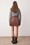 Brown Suede Snap Fastener A-Line Pleated Stretchy Mini Skirt Twoaw26Et00153 - 2