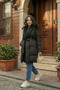 Women's Black Puffer Coat with Feather Detailing, Belt, and Pockets - 2