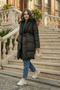 Women's Black Puffer Coat with Feather Detailing, Belt, and Pockets - 3