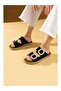 Hertas Premium Women's Black Suede Crystal Double Buckle Poly Comfortable Straw Sole Slippers - 4
