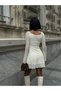 Women's Lace Boat Neck Long Bell Sleeve Mini Dress - 3